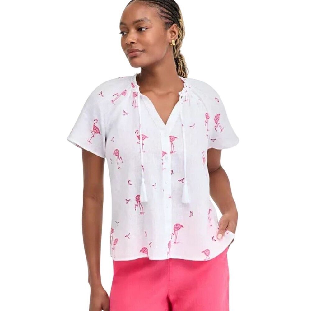 Charter Club Blouse M Women's Linen Woven Flamingo V-Neck Peasant Top White